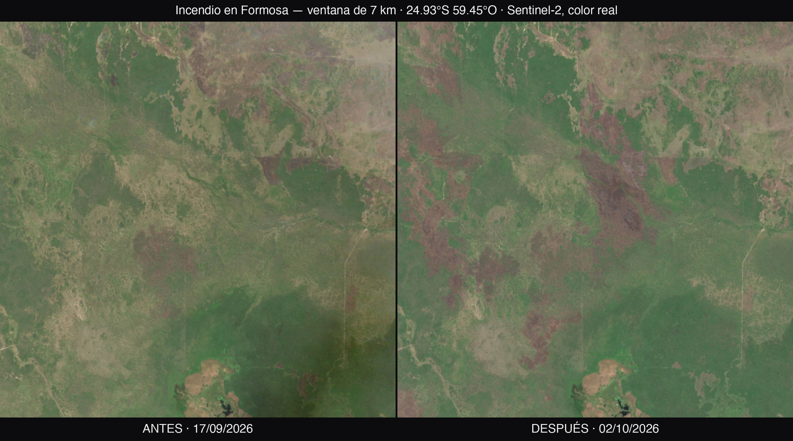 Before and after the fire in the south-eastern complex, true colour