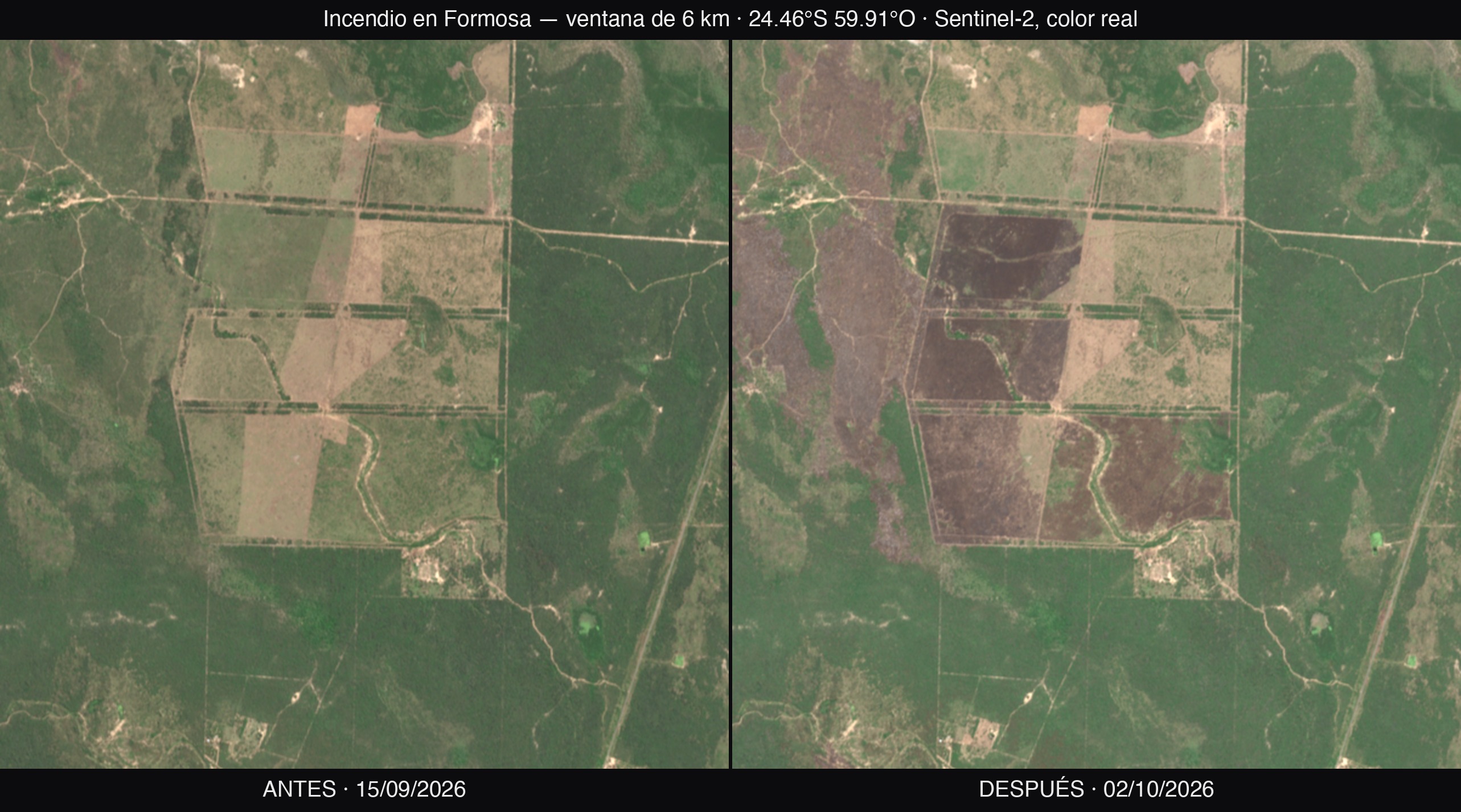 Before and after the fire in the central-eastern complex: plots and forest green on 15/09, carbonised on 02/10