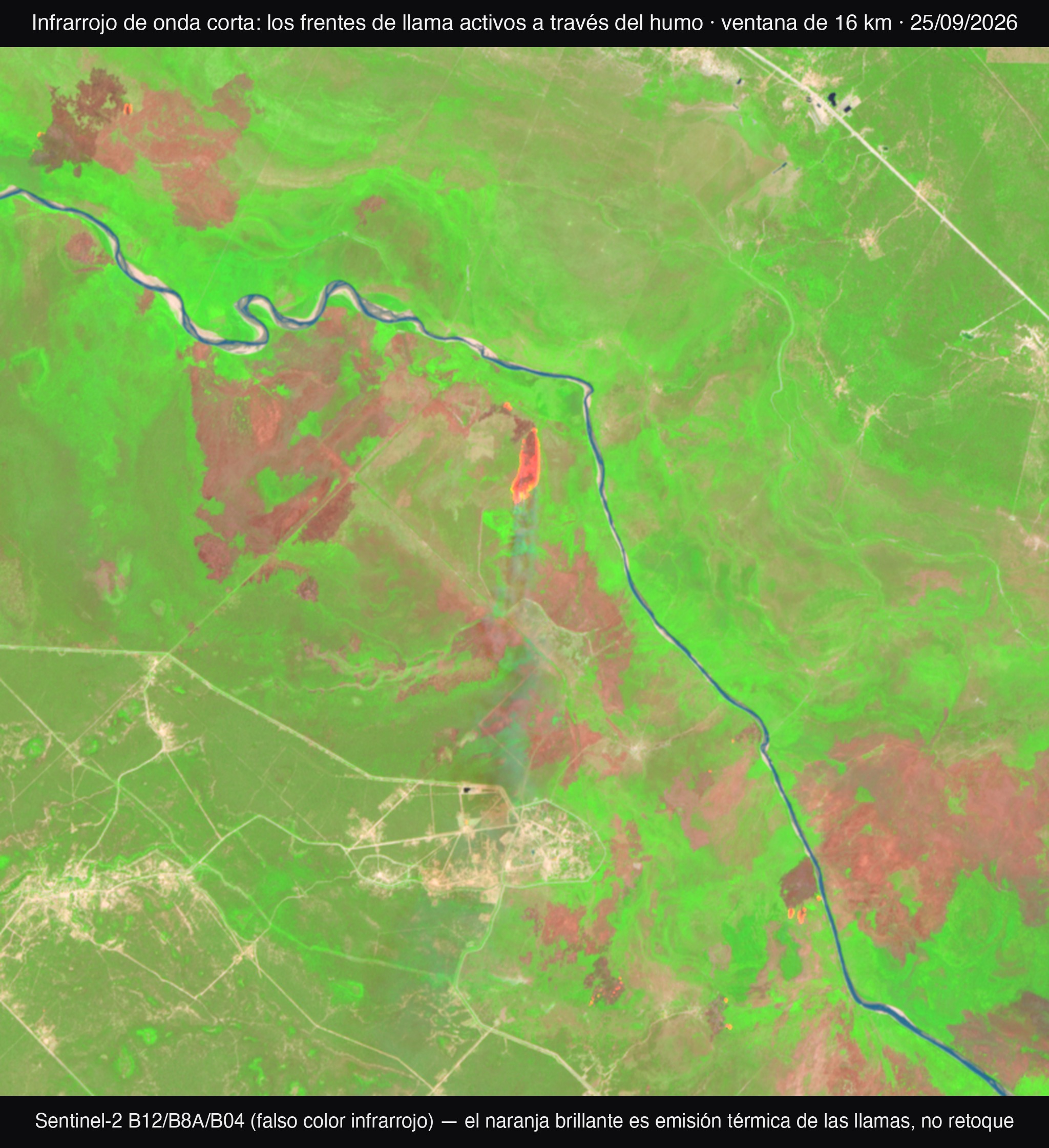 Shortwave infrared: the active fire front of the Bermejo blaze