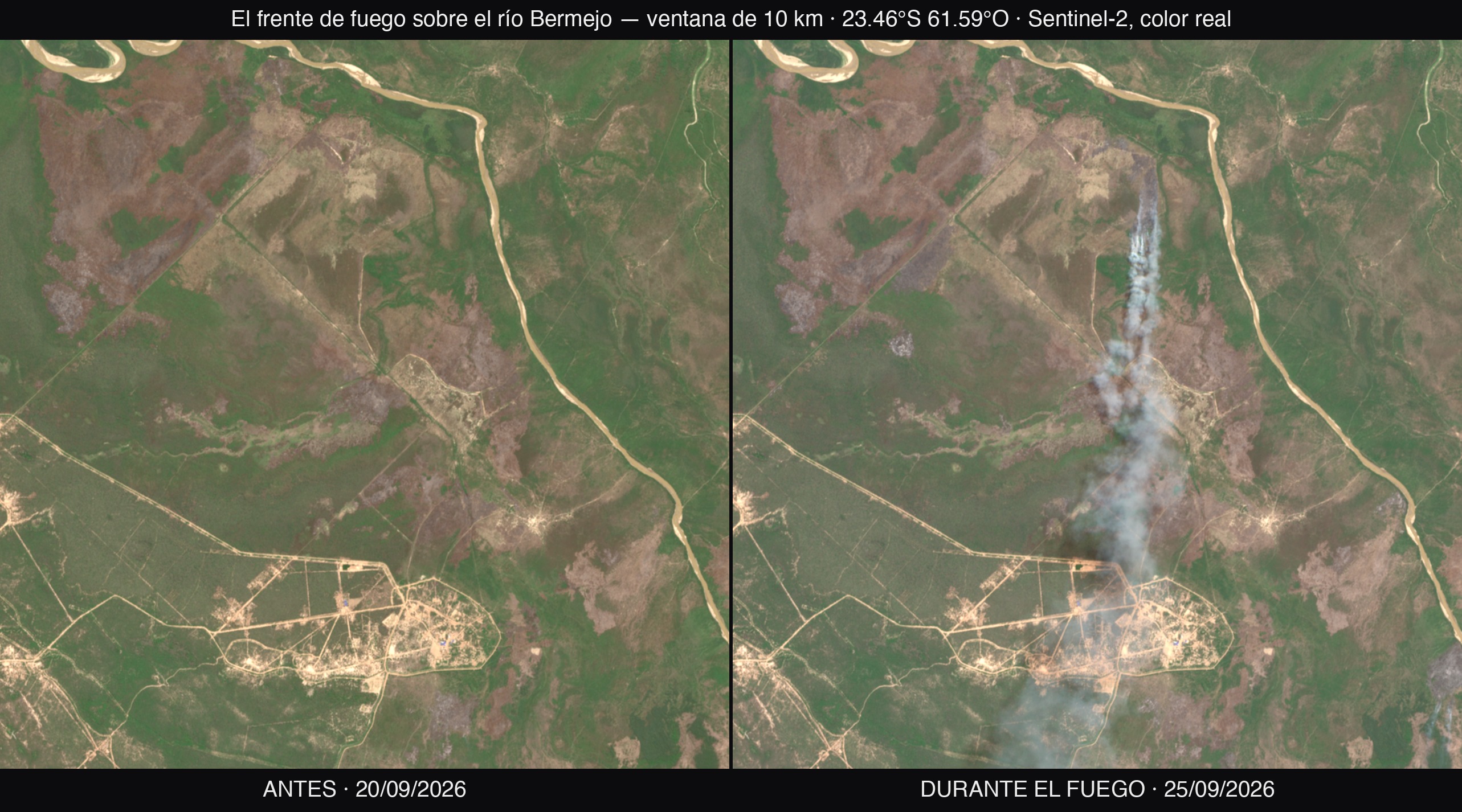 The fire front over the Bermejo River: before the fire and during the blaze, in true colour