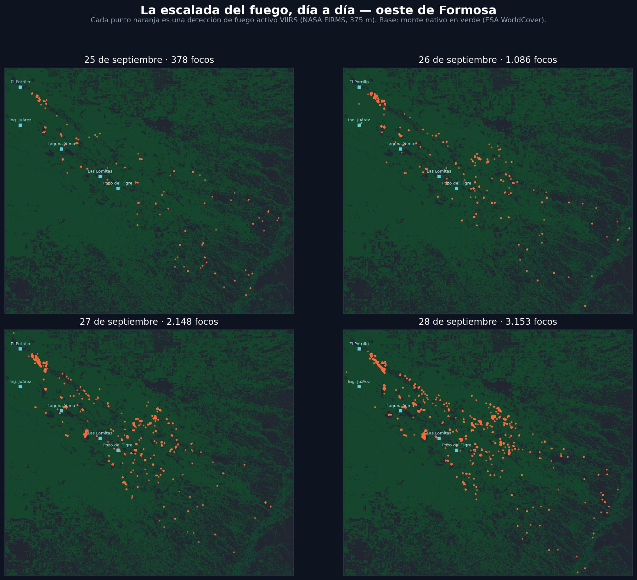 VIIRS active-fire detections in western Formosa, day by day from 25 to 28 September 2026