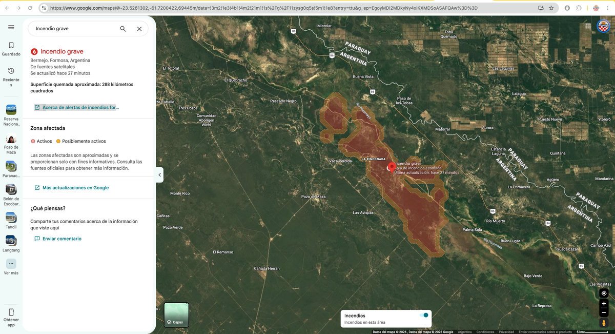 Alerta de incendio grave de Google Maps sobre Bermejo, Formosa