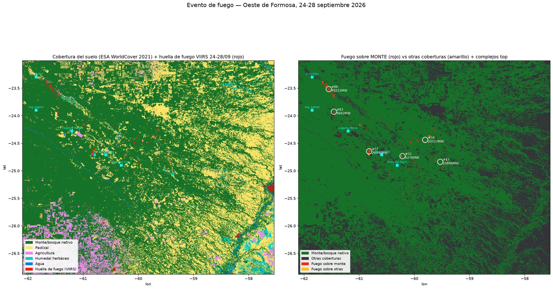 Mapa de cobertura del suelo y huella de fuego en el oeste de Formosa